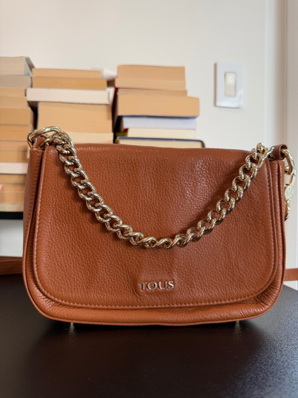 TOUS Tan Leather Shoulder Bag with Gold Chain Strap